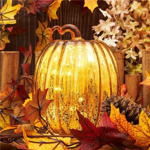 Mercury Glass Pumpkin Decor Timer Operated 7 Inches Pumpkin Decorations Tabletop - Picture 5 of 6